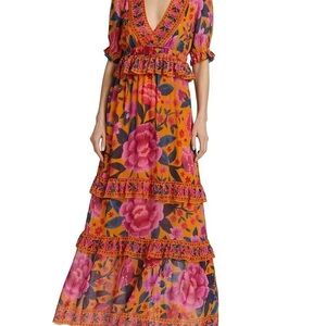 FARM Rio Orange and Pink Ruffled Tiered Maxi Dress